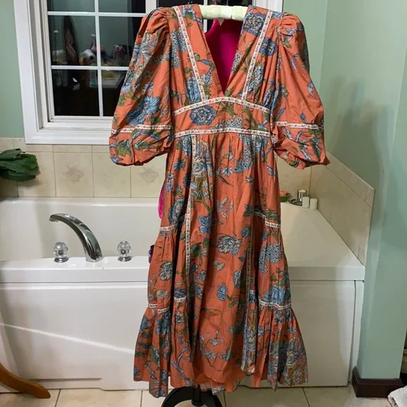 Anthropologie Love the Label Puffed Sleeves Orange Floral Tiered MIDI Dress XS - Picture 5 of 15